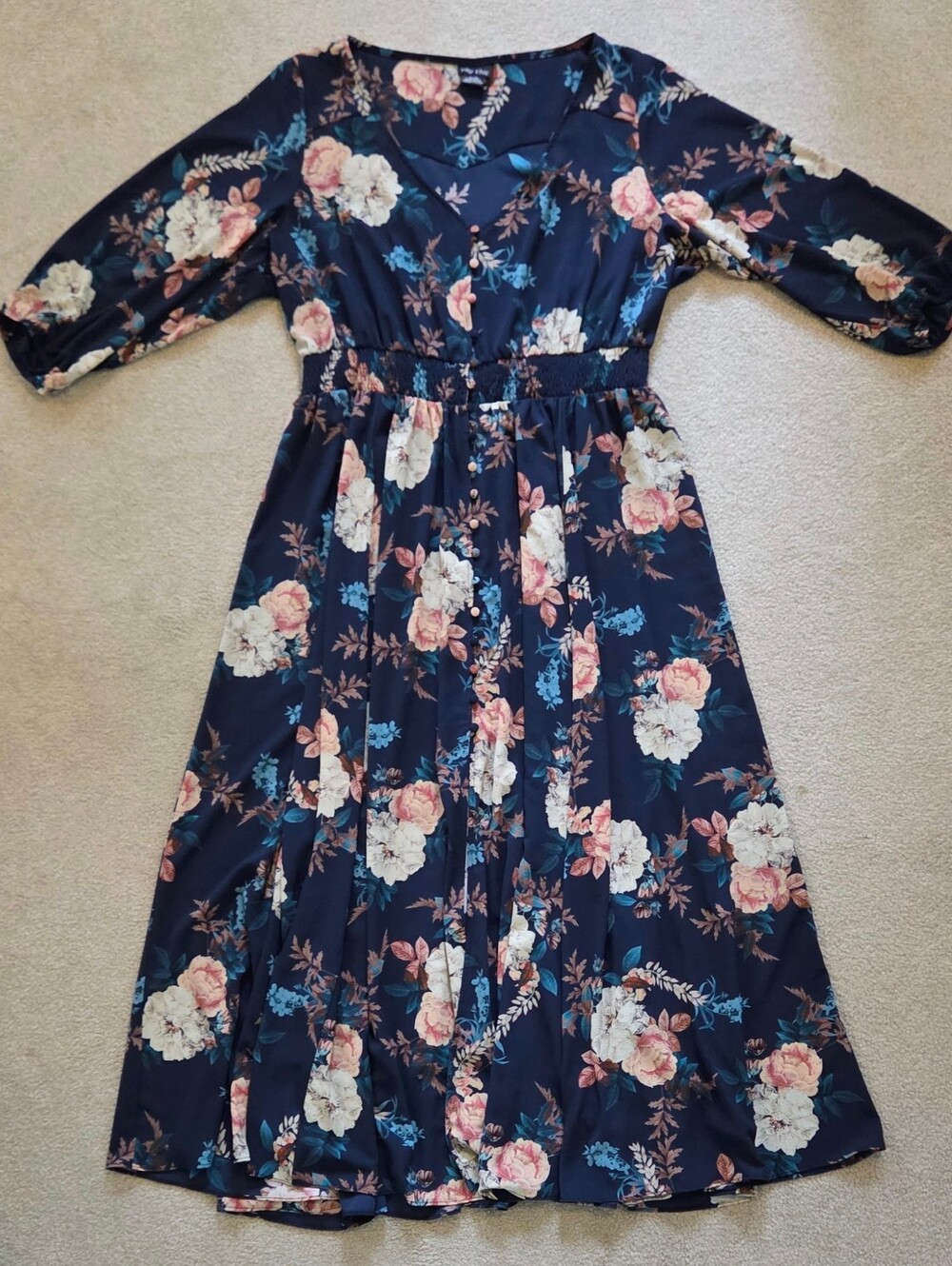 City Chic XL 22 Floral Maxi Dress Navy Smocked Waist Button Front